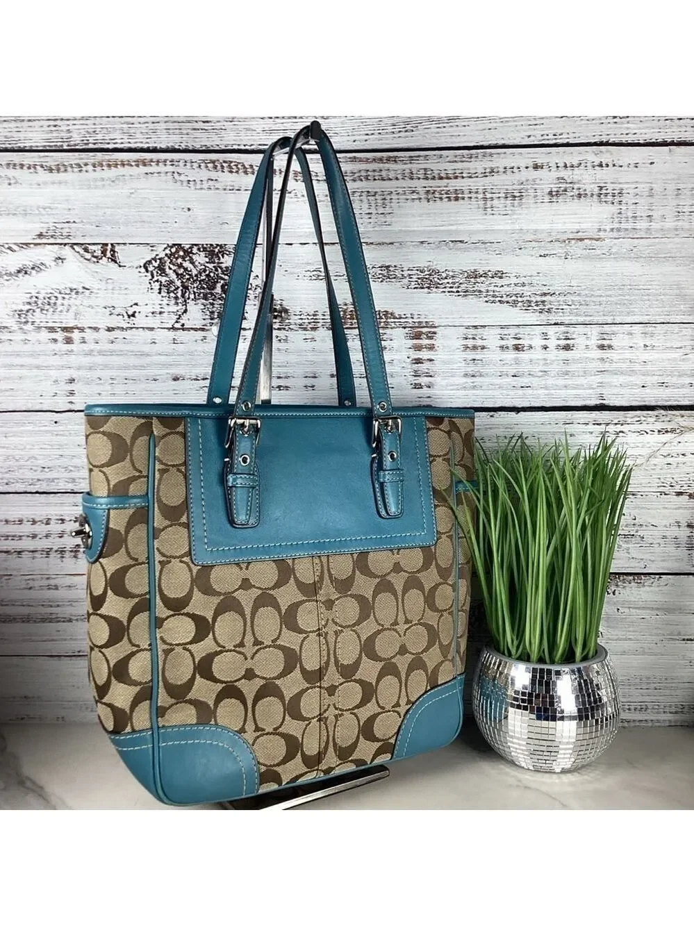 Coach Y2K Signature Gallery Shoulder Bag Teal Blue Tan Brown‎ Tote Leather Lapto
